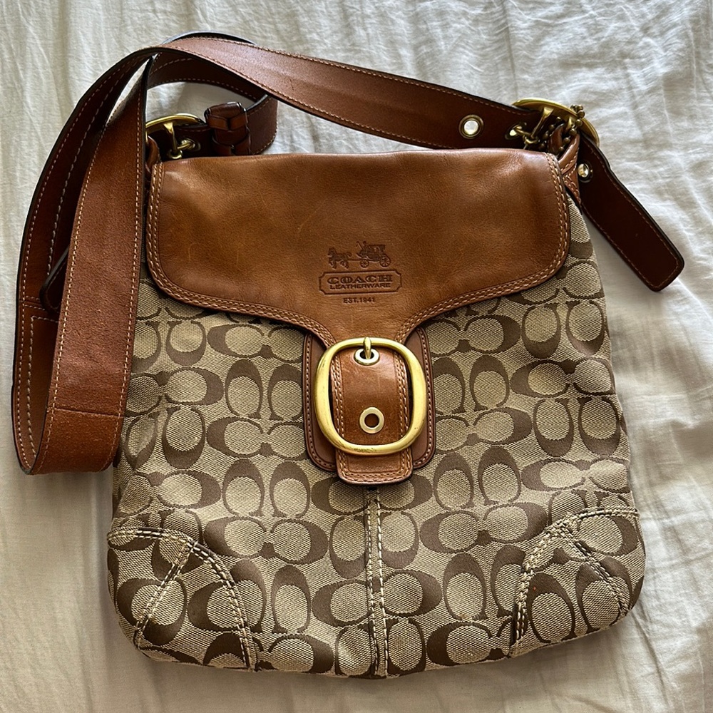 Coach Bleeker Tan Signature Leather Flap Bag